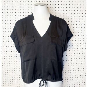 BCBG | Black Crop Silky Short Sleeve Blouse w/ Pockets, Tie Waist Sz. S